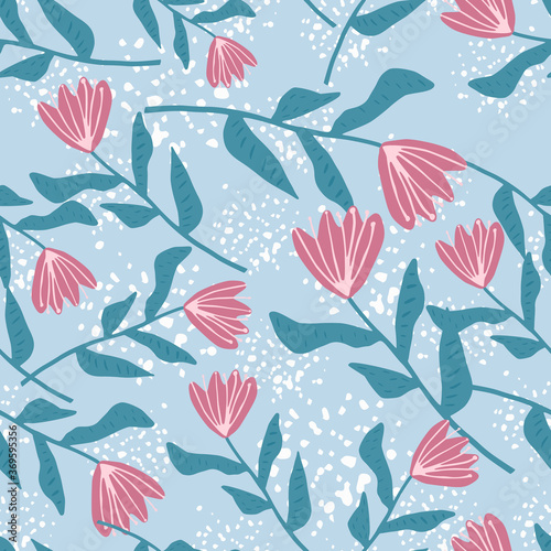 Random seamless pattern with flower elements. Pink tulip buds and turquoise stems on blue background with splashes.