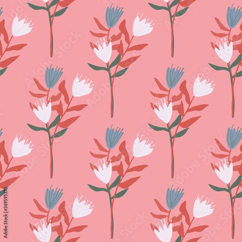 Summer seamless floral pattern with tulip bouquet. Blue and white flowers with red leaves. Pink background.