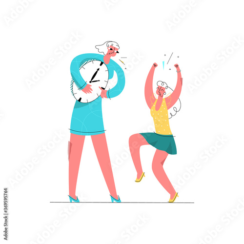 Vector flat illustration irritated mother reproaching her daughter for coming home late. Daughter is indignant, argues. Concept adolescent rebellion, conflict between parents and children.