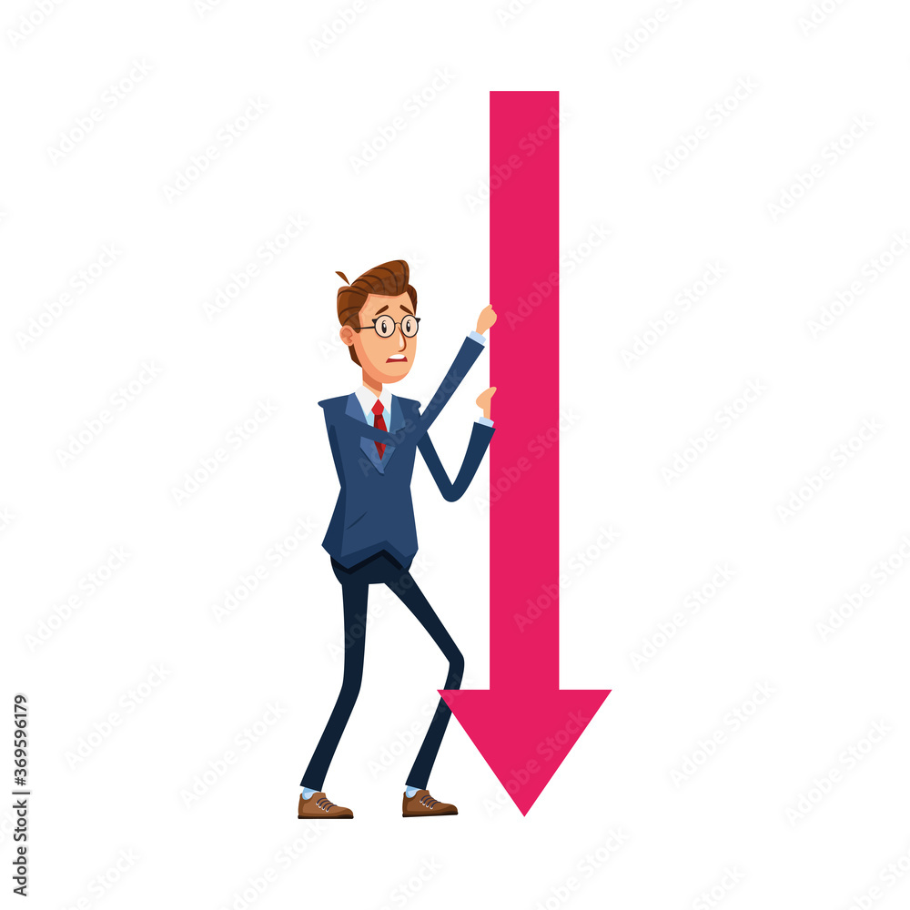 elegant businessman with arrow down comic character elegant businessman with arrow down comic character