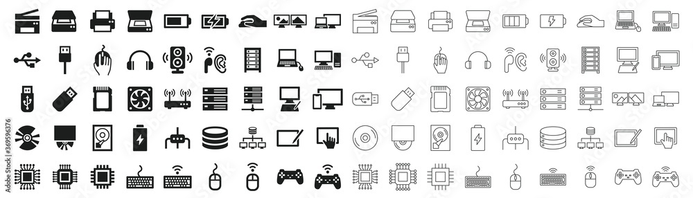 PC peripherals black and white icon set PC peripherals black and white icon set