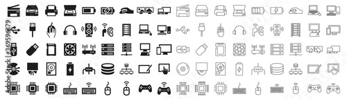PC peripherals black and white icon set