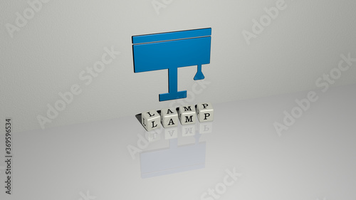3D representation of lamp with icon on the wall and text arranged by metallic cubic letters on a mirror floor for concept meaning and slideshow presentation. background and illustration