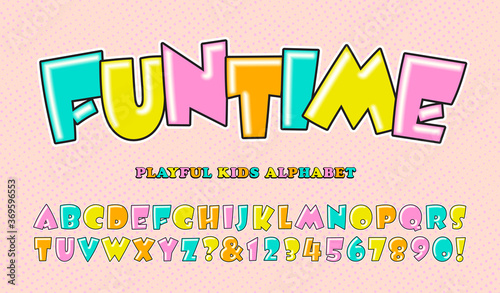 Vector Alphabet for Kids, Fun Event, Parties, Children's Birthdays, School Projects. Funtime Font is Fun, Bouncy, Goofy, Wacky, and Silly with a Childlike Bright Color Palette of Four Pastel Hues.
