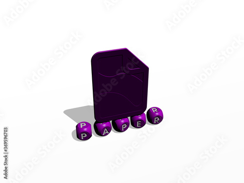 3D representation of PAPER with icon on the wall and text arranged by metallic cubic letters on a mirror floor for concept meaning and slideshow presentation. background and illustration photo