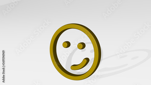 smiley smirk made by 3D illustration of a shiny metallic sculpture with the shadow on light background. face and icon