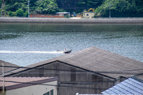                                                         The small boat sailing in Seto-naikai   Inland sea of Japan  located in Bizen city   Okayama pref. Japan 