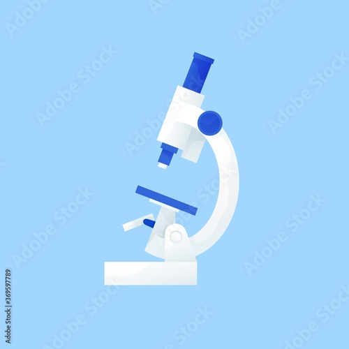 Colorful microscope side view vector flat illustration. Modern medical instrument or equipment for laboratory research isolated. Optical glass for science research. Scientific magnifying tool