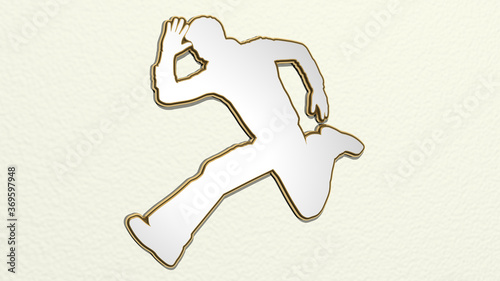 MAN RUNNING made by 3D illustration of a shiny metallic sculpture on a wall with light background. active and athlete photo