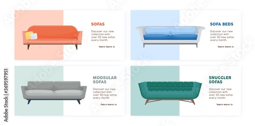 Banner of comfy modern couches set vector flat illustration. Collection of promo flyer with place for text. Stylish comfortable furniture of various types. Web advertising for store or shop isolated