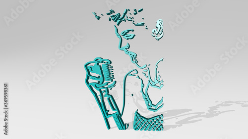 singer made by 3D illustration of a shiny metallic sculpture with the shadow on light background. concert and music