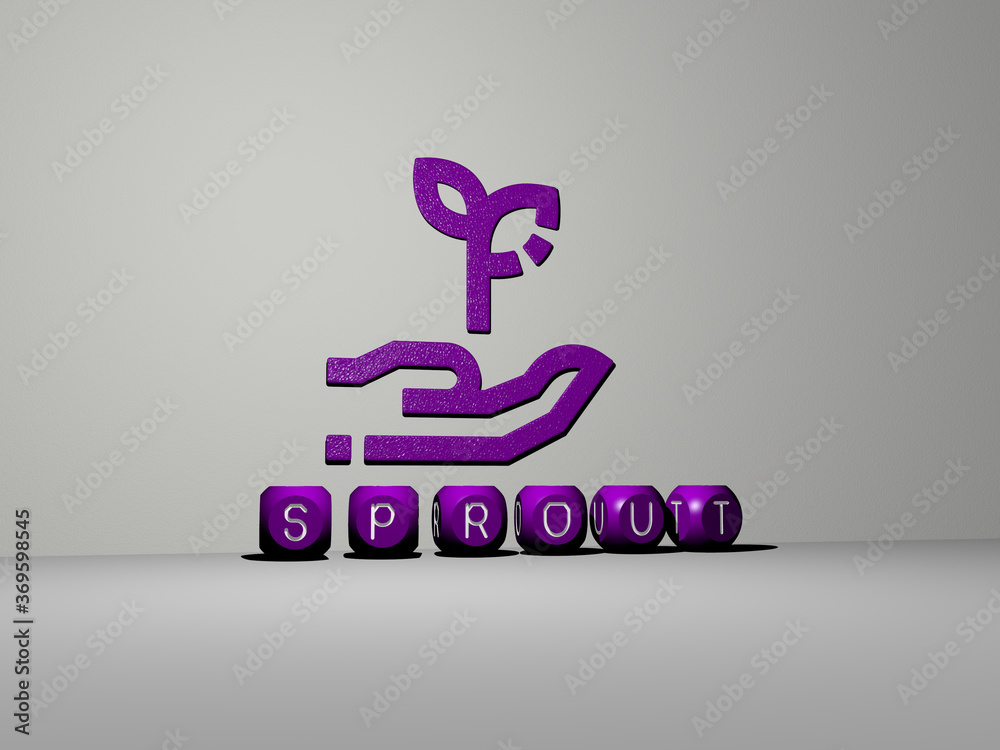 3D graphical image of SPROUT vertically along with text built by metallic cubic letters from the top perspective, excellent for the concept presentation and slideshows. green and illustration