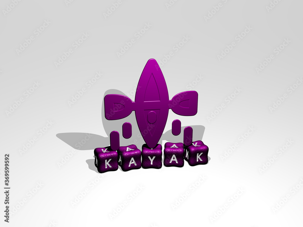 3D representation of KAYAK with icon on the wall and text arranged by metallic cubic letters on a mirror floor for concept meaning and slideshow presentation. boat and canoe 3D representation of KAYAK with icon on the wall and text arranged by metallic cubic letters on a mirror floor for concept meaning and slideshow presentation. boat and canoe