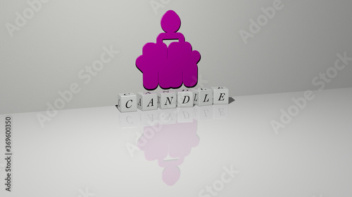 3D representation of CANDLE with icon on the wall and text arranged by metallic cubic letters on a mirror floor for concept meaning and slideshow presentation. background and illustration