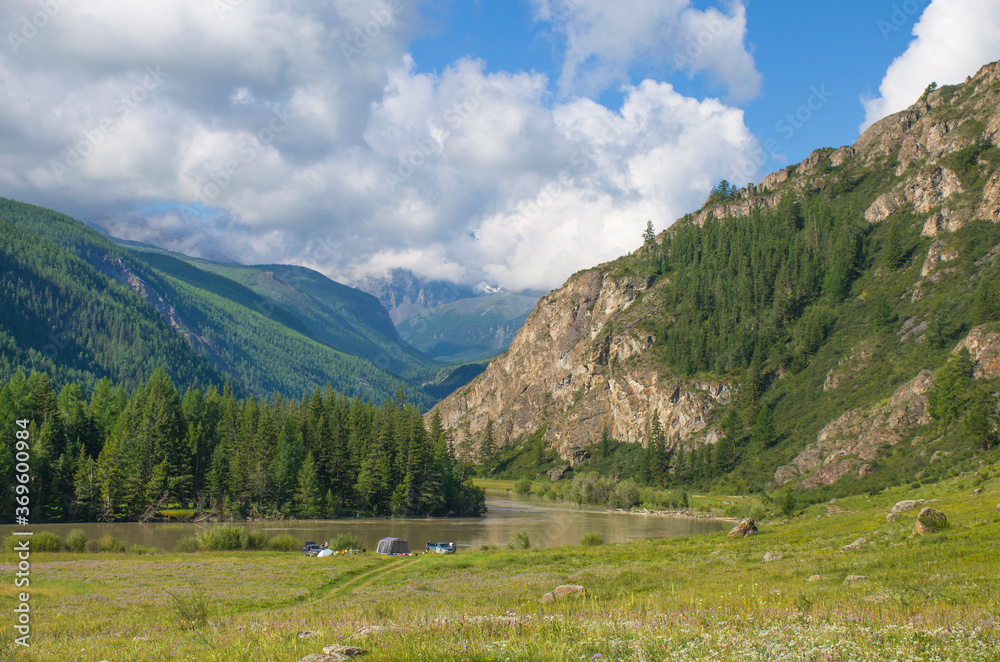 Mountain river Chuya among the Altai mountains in Russia landscape
