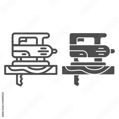 Electric hand jigsaw line and solid icon, house repair concept, machine saw sign on white background, Electric fretsaw with steel sharp blade icon in outline style. Vector graphics.