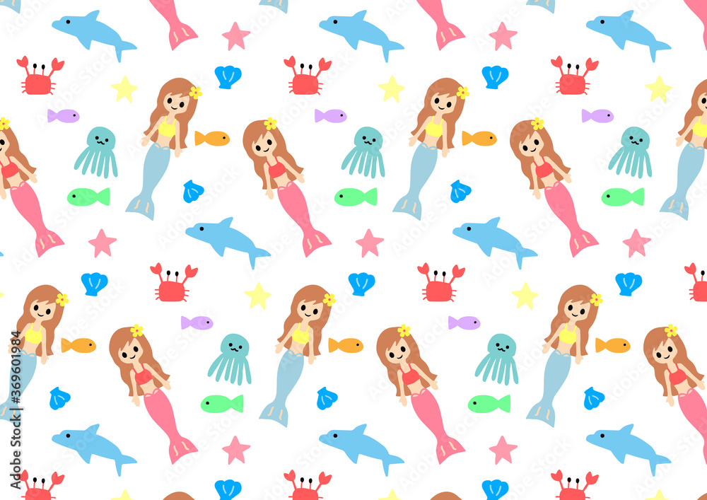 手書き　人魚　かわいい　シームレス　パターン　doodles summer mermaid seamless pattern	