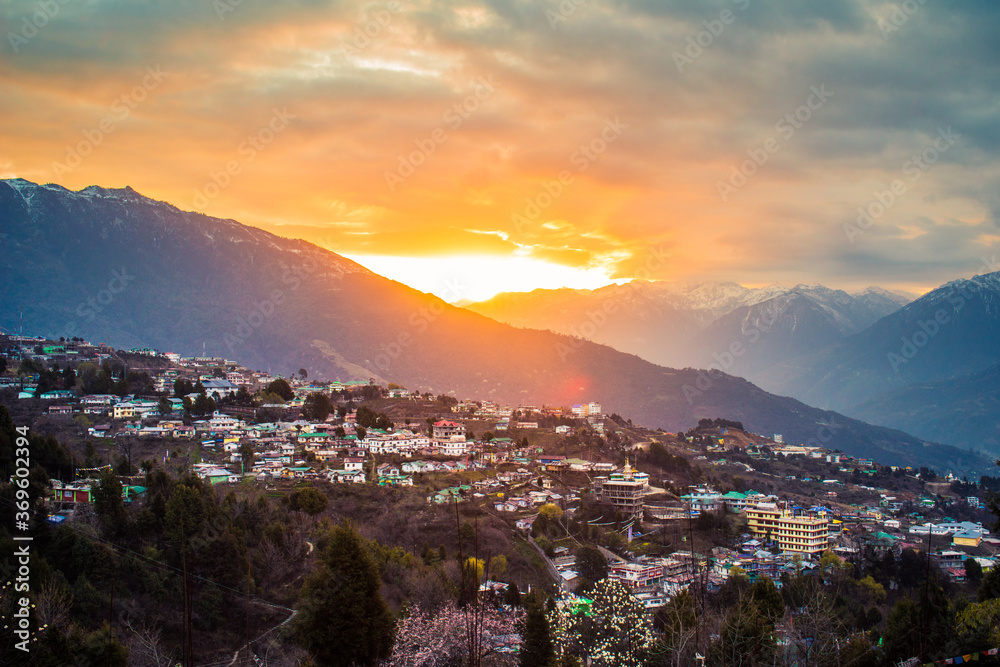 Sunrise over the mountains, scenic sunrise landscape of Tawang town, this town is situated on the foothills of the Himalayas in Arunachal Pradesh in India