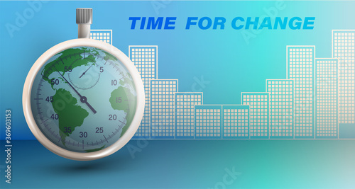 concept of time for change, change of activity for all of humanity. Planet earth inside a stopwatch. Countdown to start action. Environment protection. Vector on blue background
