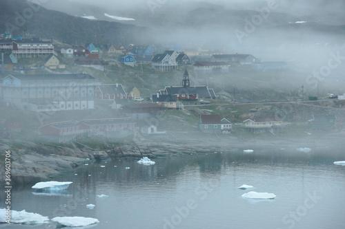 A foggy morning in Ilulissat, Disko Bay, West Greenland