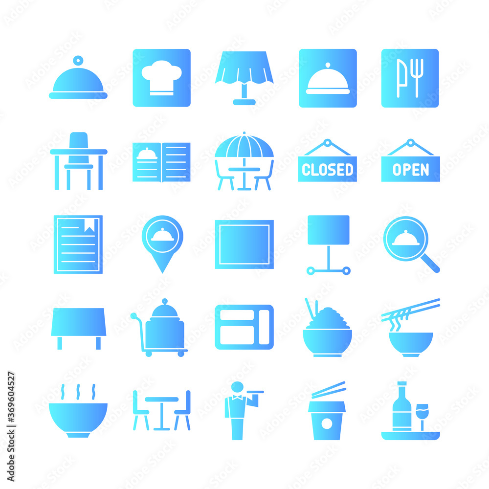 Restaurant icon set vector gradient for website, mobile app, presentation, social media. Suitable for user interface and user experience. Restaurant icon set vector gradient for website, mobile app, presentation, social media. Suitable for user interface and user experience.