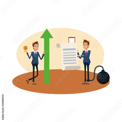 elegant businessmen with fetter slave and arrow up comic characters