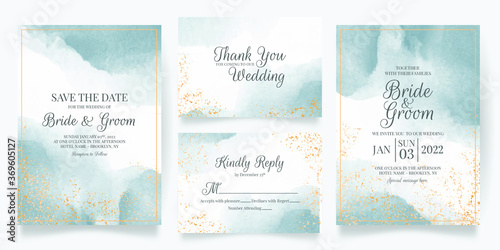 Watercolor creamy wedding invitation card template set with golden floral decoration  © Budi