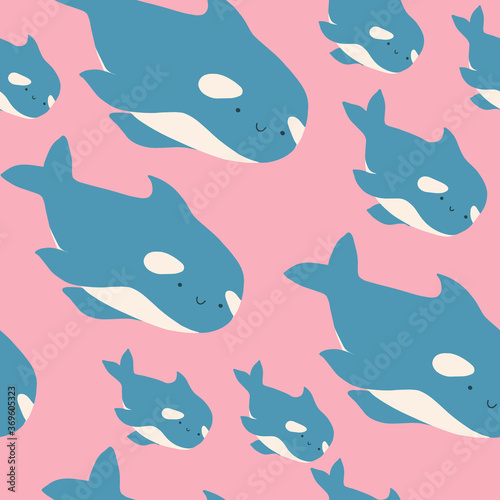 Cute flat killer whale seamless pattern. Adorable little cartoon orca vector illustration. Childish ornament for textile  fabric  print  wallpaper  wrap paper