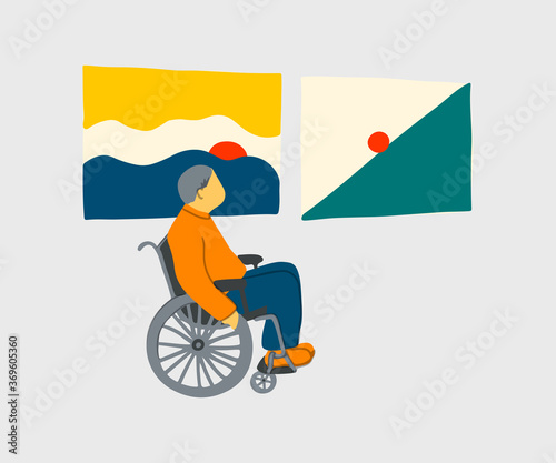 Vector Museum of contemoarary art in flat cartoon style. Exhibition visitors viewing modern abstract paintings. Woman, couples, man with disability looking creative artworks or exhibits art gallery.