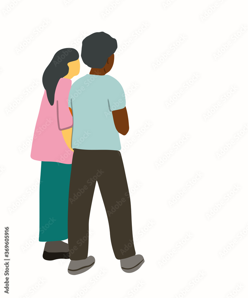 Man and woman standing together and look or choose on something. Couple of different races have a discussion. White race female and african american male talk to each other. Flat Vector illustration Man and woman standing together and look or choose on something. Couple of different races have a discussion. White race female and african american male talk to each other. Flat Vector illustration