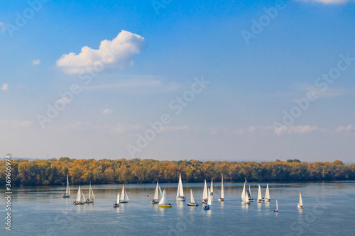 Yachts at sailing regatta on the Dnieper river in Kremenchug, Ukraine