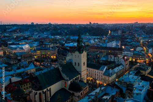 Aerial view of Latin cathedral and Rynok square in Lviv, Ukraine at sunset. View from Lviv town hall