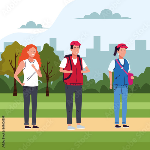 group of tourist people doing activities in the field