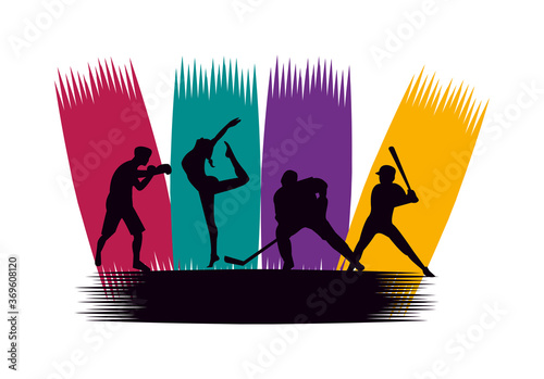 group of athletic people practicing sports silhouettes