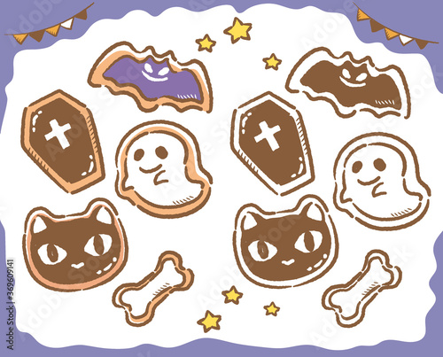 ハロウィンのスイーツ、お菓子、クッキーのイラスト素材。 ベクターイラスト。
