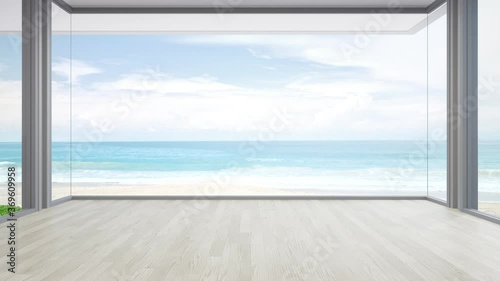Sea view large living room of luxury summer beach house with big glass window and wooden floor. Interior 3d illustration in vacation home or holiday villa.