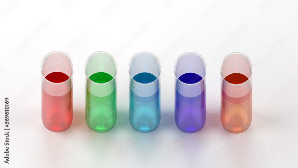 Colored liquids in five test tubes on top view 3D rendering illustration Colored liquids in five test tubes on top view 3D rendering illustration