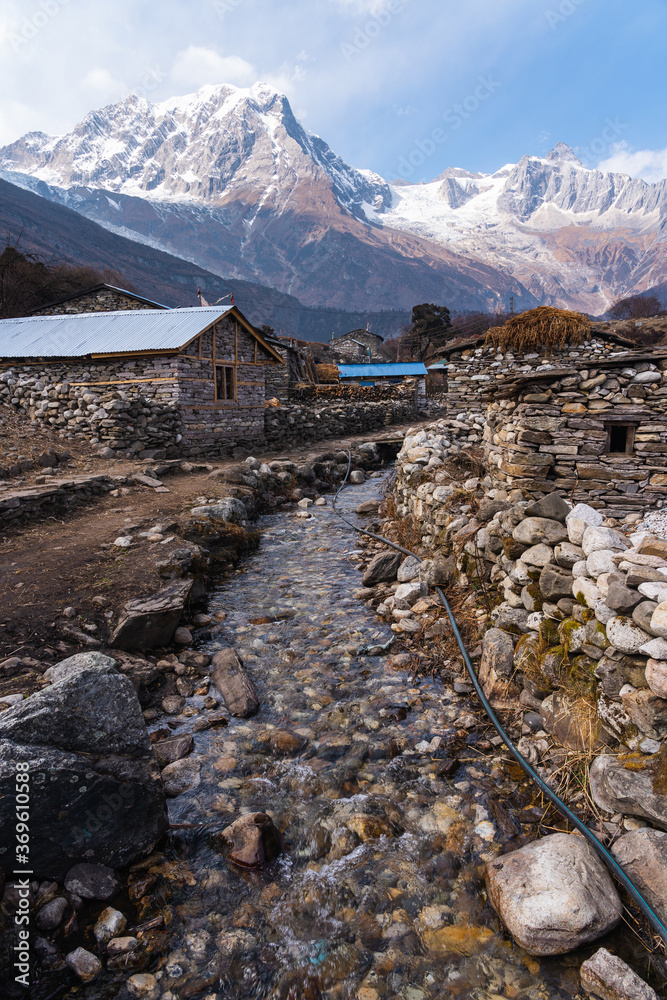 Samagaun village, biggest village in Manaslu circuit trekking route, Himalaya mountain range in Nepal