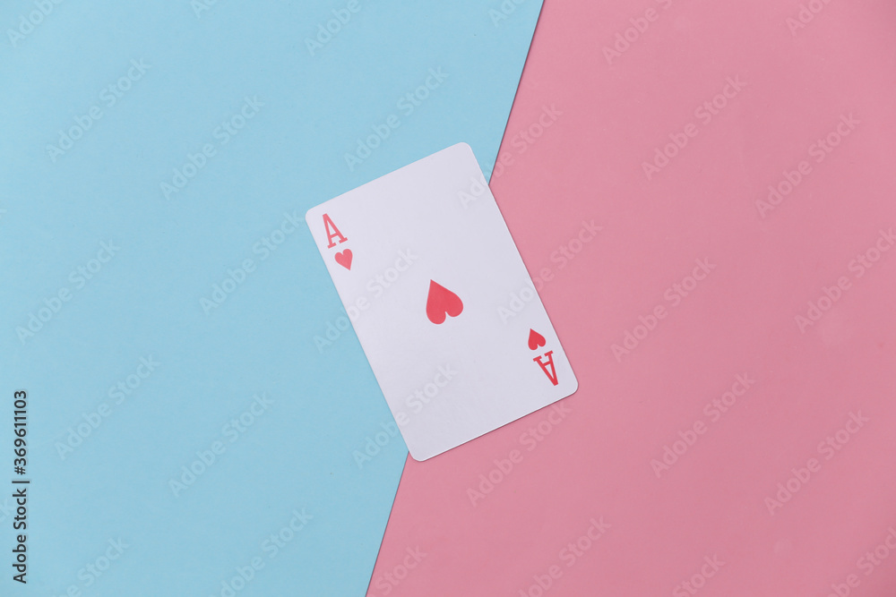 Obraz premium Ace of hearts on pink blue background. Top view. Flat lay
