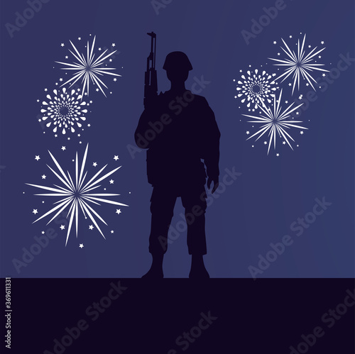 soldier with rifle and fireworks figure silhouette