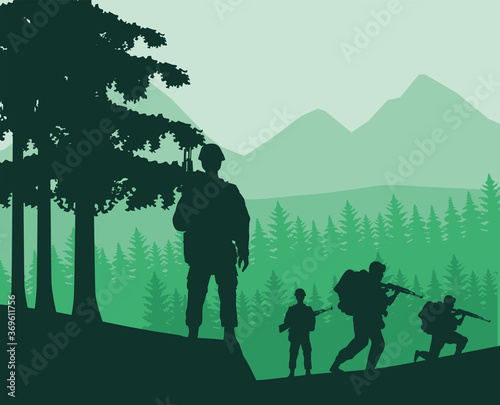 soldiers figures silhouettes in the jungle scene