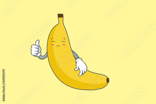 ZONK, MEDITATIVE, UNAMUSED Face Emotion. Thumb Up Hand Gesture. Banana Fruit Cartoon Drawn Mascot Illustration.