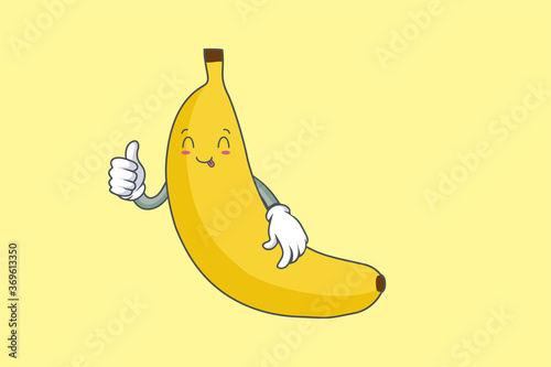 YUM, TONGUE, cheerful Face Emotion. Thumb Up Hand Gesture. Banana Fruit Cartoon Drawn Mascot Illustration.