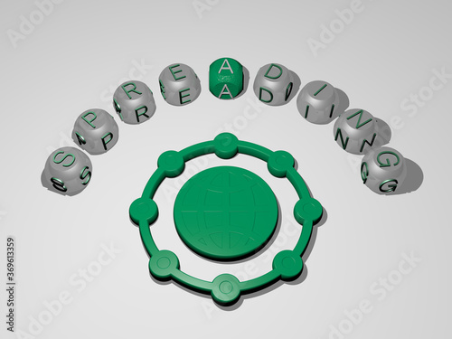 3D illustration of SPREADING graphics and text around the icon made by metallic dice letters for the related meanings of the concept and presentations. background and abstract