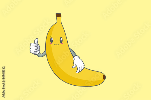 REALLY, ATTENTIVE, CONFUSED Face Emotion. Thumb Up Hand Gesture. Banana Fruit Cartoon Drawn Mascot Illustration.