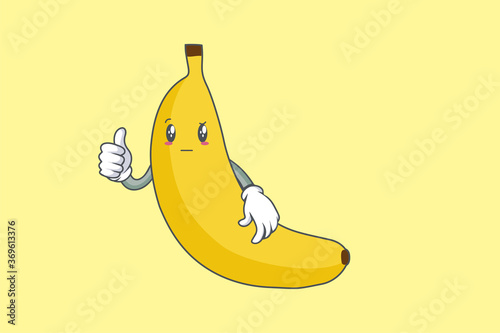 REALLY, ATTENTIVE, Curios Face Emotion. Thumb Up Hand Gesture. Banana Fruit Cartoon Drawn Mascot Illustration.