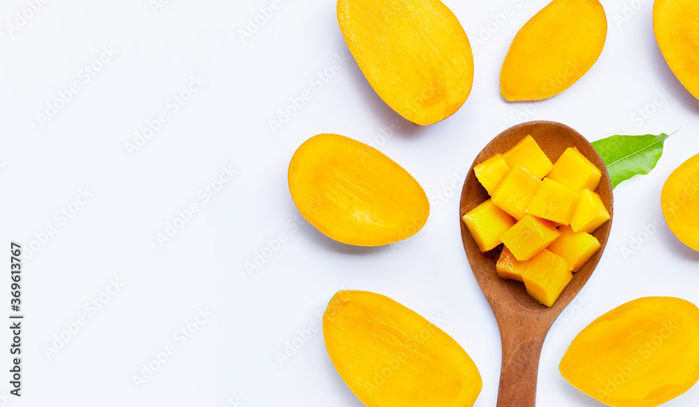 Tropical fruit, Mango slices on white background. Tropical fruit, Mango slices on white background.