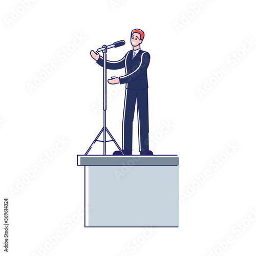 Speaker talking from tribune. Business man speech during conference or political debates