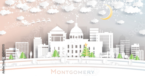 Montgomery Alabama USA City Skyline in Paper Cut Style with Snowflakes, Moon and Neon Garland.