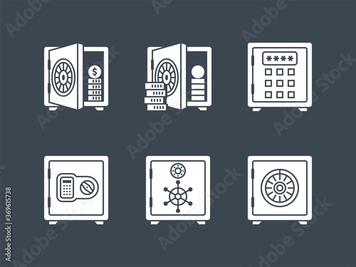 Safes related vector glyph icon set. Isolated on black background. Vector illustration.